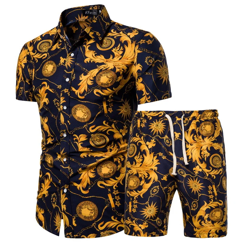 

2021 Summer New Mens Clothing Short-sleeved Printed Shirts Shorts 2 Piece Fashion Male Casual Beach Wear Clothes Clothes For Men
