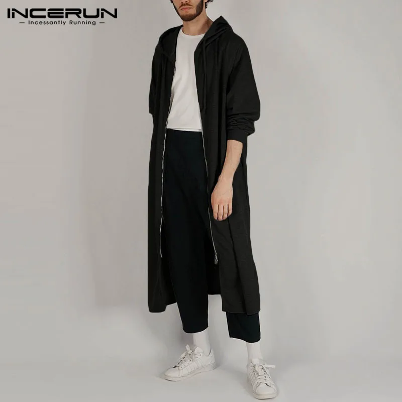 INCERUN/модные толстовки для мужчин, одноцветные, с длинными рукавами, на молнии, с капюшоном, длинные толстовки, мужская одежда в стиле хип-хоп, плащ