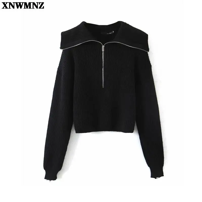 

XNWMNZ 2021Za женский модный ребристый обрезанный свободный трикотажный свитер на молнии винтажный с высоким воротником с длинным рукавом женск...