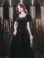 fashion black long evening dresses for women puff sleeve square collar slim prom gown shining annual party dresses female