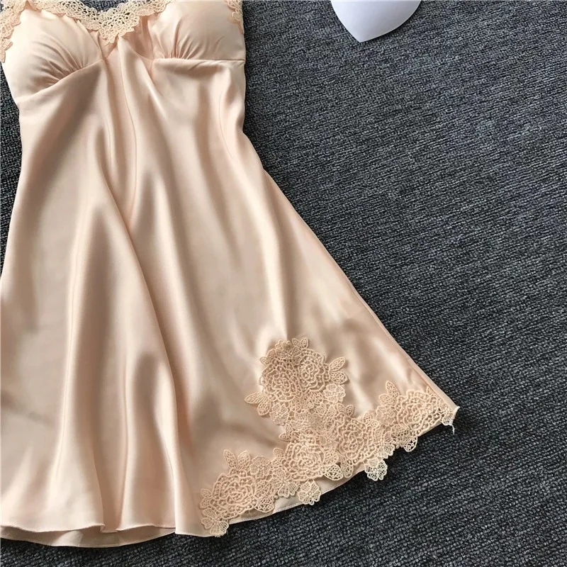 Women's Sexy Lingerie Silk Nightgown Summer Dress Lace Night Dress Sleepwear Babydoll Nightie Satin Homewear Chest Pad Nightwear