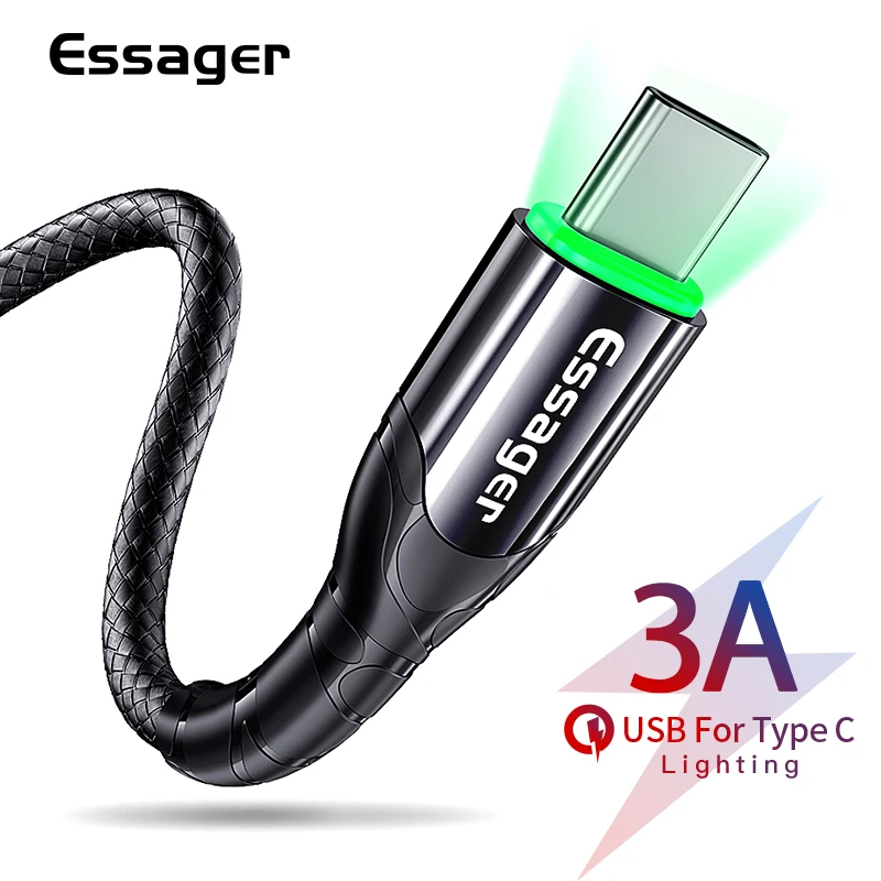 Кабель Essager USB Type C со светодиодной подсветкой для Samsung Xiaomi Redmi Note 8 зарядное