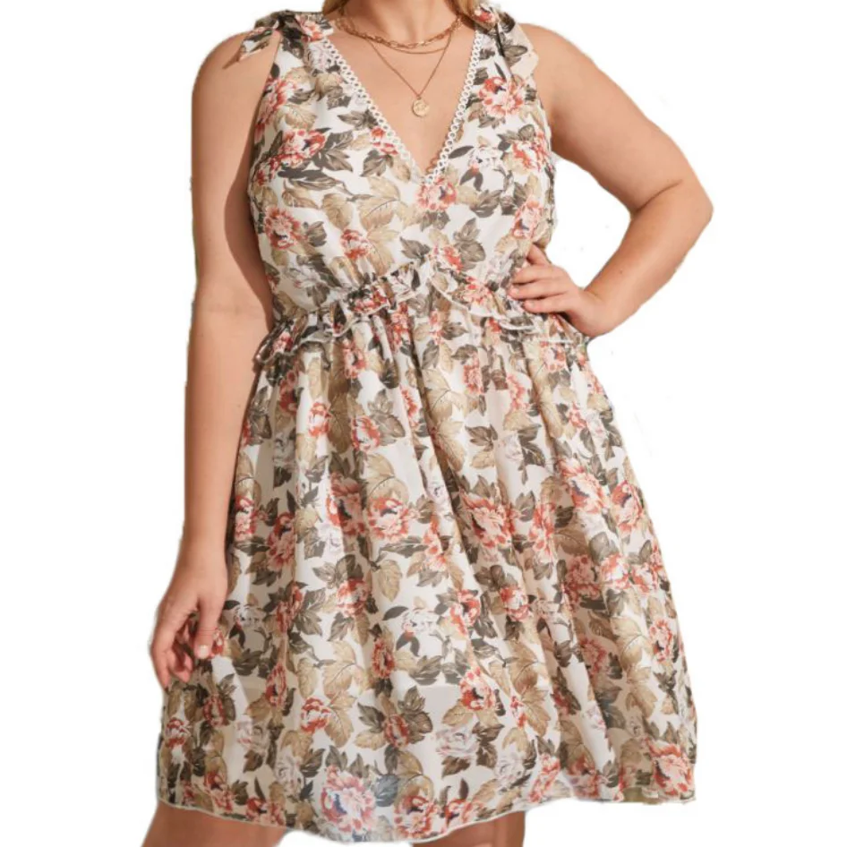 

Summer 2021 Sexy V-neck Beach Floral Dress Sleeveless Flounce Folding Plus-size Women