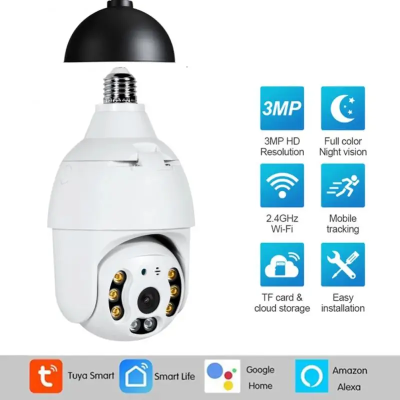 Смарт-Камера Tuya Smart Life 3 Мп E27 Wi-Fi PTZ с функцией ночного видения  Безопасность