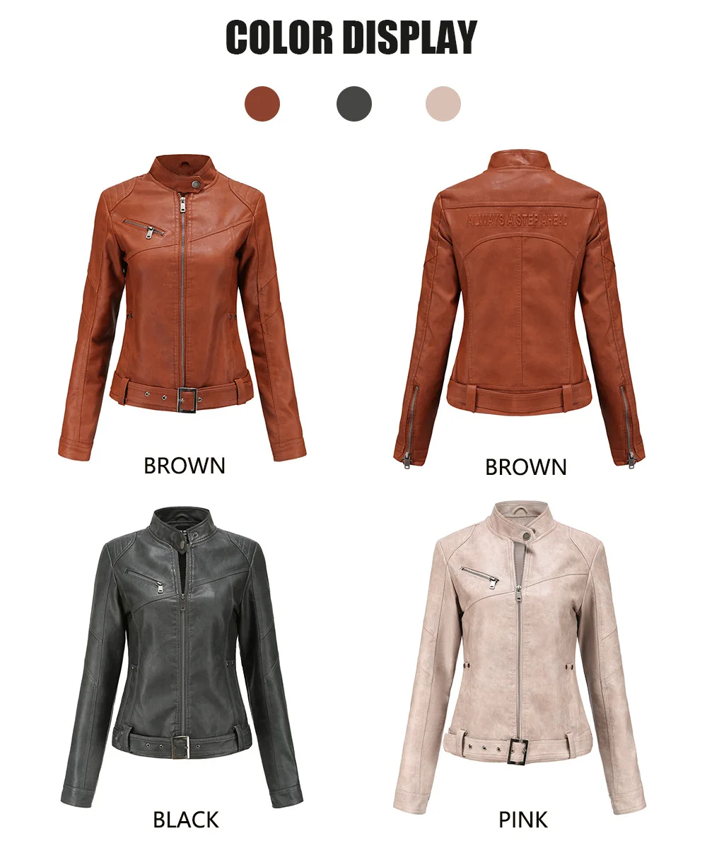 

Vintage Brown Women PU Leather Jacket Cool Moto Bike Lady Outside Clothing Zipper Spring Autumn Girls Outfits