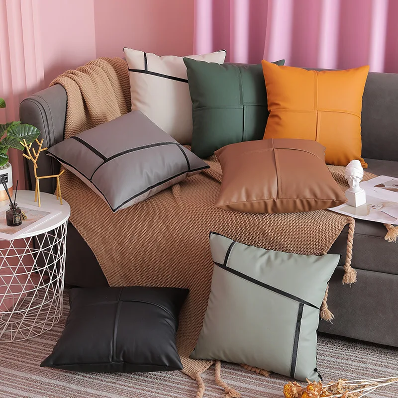 

Nordic Style PU Leather Throw Pillow Case Solid Color Modern Abstract Patchwork Cross Square Cushion Cover Pillowcase Sofa Decor