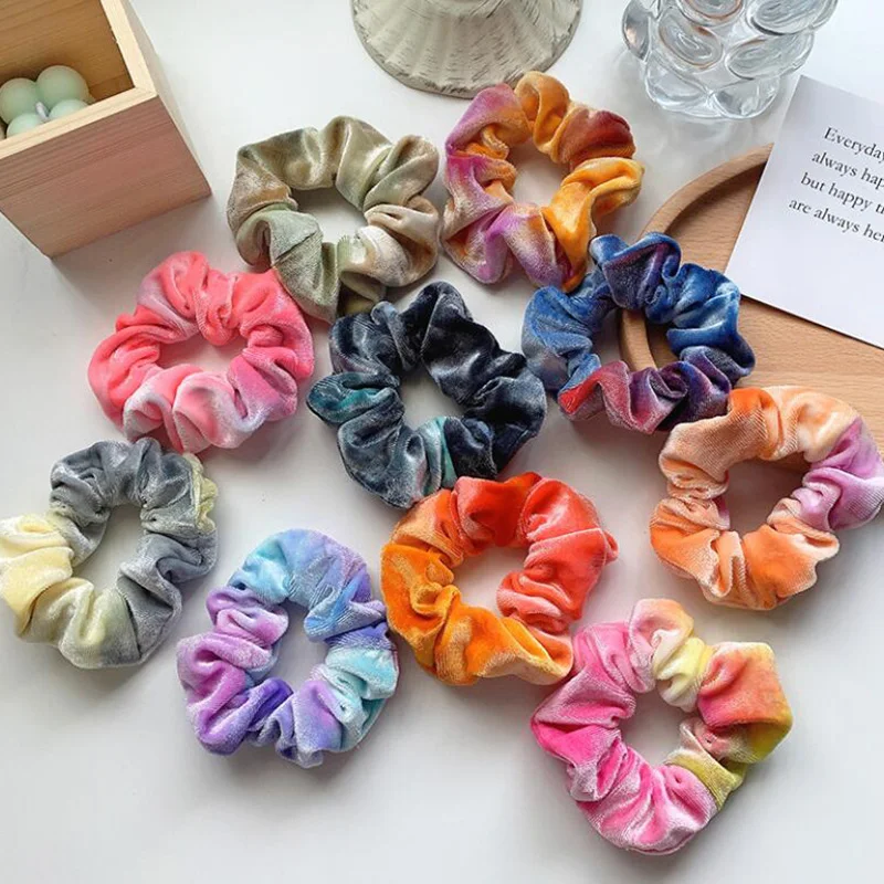 

2021 New Rainbow Soft Velvet Scrunchies Tie-dye Hair Ring Rubber Band Elastic Hair Bands Rope Ties Women Girl Hair Accessories