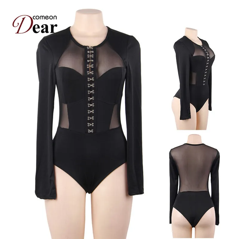 Comeondear Long Sleeve Bodysuit With Button Sexy Jumpsuit Women Playsuit XL Big Size Streetwear Bodycon See Through Body RB80753