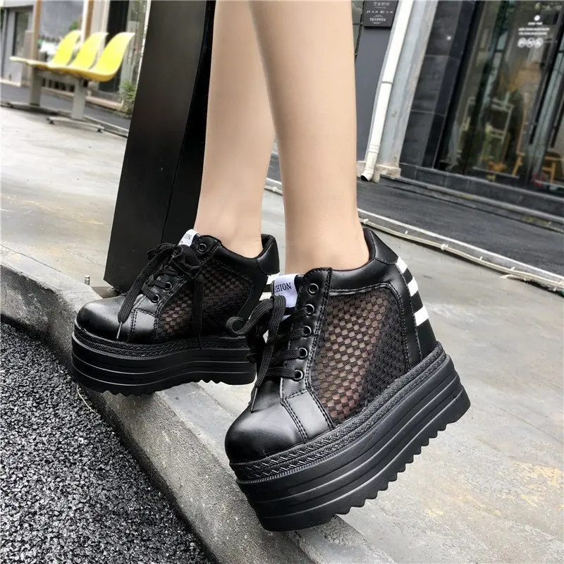 

Summer Hollow 12cm Thick Platform Women Shoes INS fashion Internal increase Ladies Sneakers Mesh PU Breathable Footwear 2021