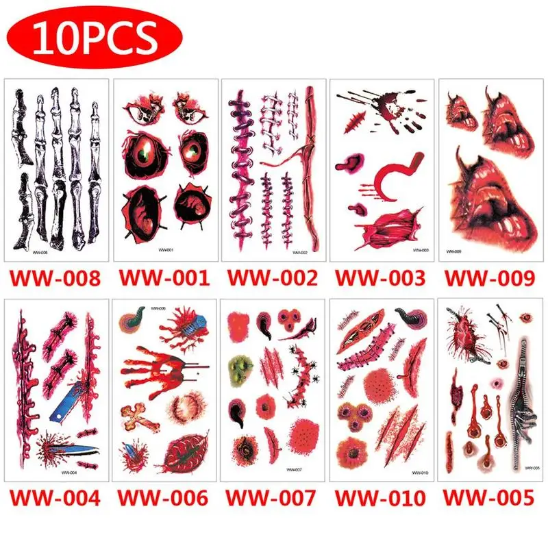 Реалистичная прошитая Временная тату наклейка на Хеллоуин террор Нетоксичная