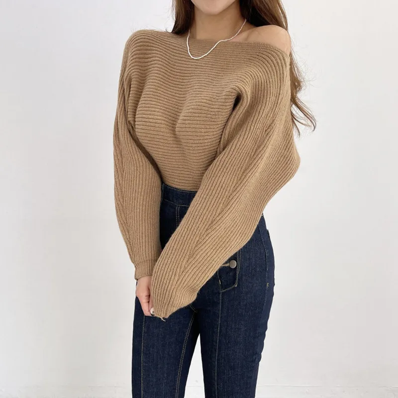 

SuperAen 2021 Autumn New Fashionable Short Solid Sexy Cross Slash Neck Backless Casual Full Wool Sweater Top