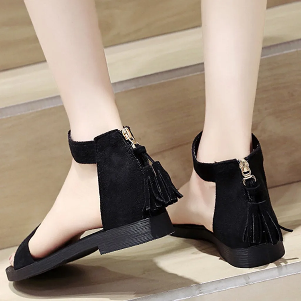 SAGACE Zipper Sandals Women Girl Solid Fringe Flat Heel Shoes Women's Open Toe Footwear For Summer Mujer | Обувь