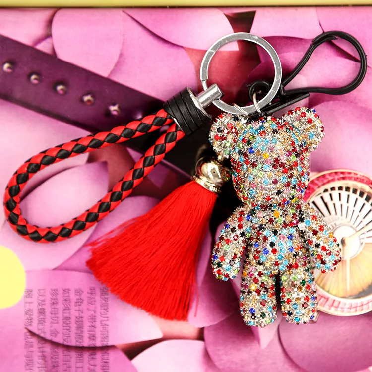 2020 High quality Crystal Cartoon Pessimistic Bear Keychain Fashion skin Rope Fringe Key chains Women Bag Car key Ring | Украшения и
