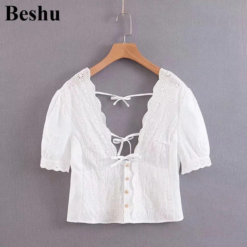 Za 2020 модная женская белая блузка из хлопка и льна с кружевом v образным вырезом на