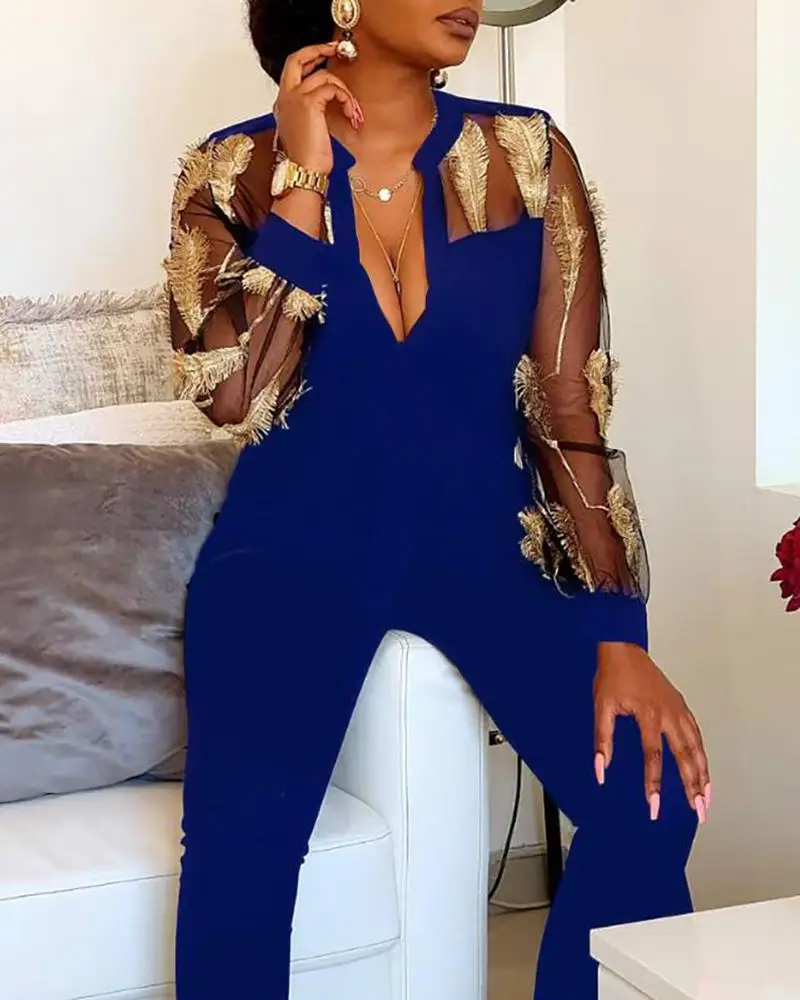 

Solid Color Feather Embroidery Jumpsuits Streetwear Women Sexy Sheer Mesh Insert Plunge Jumpsuit