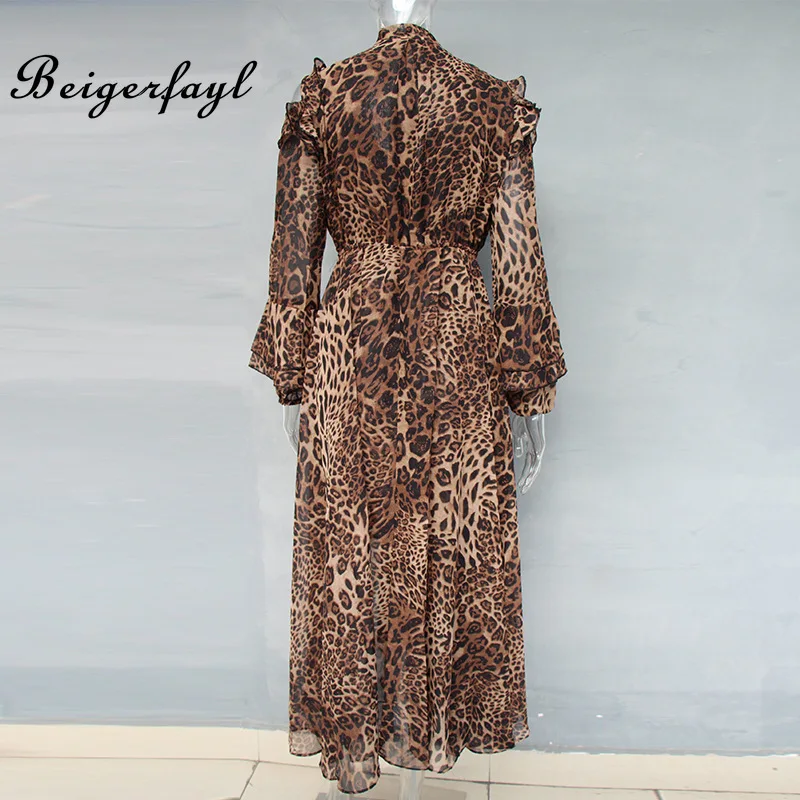 Beigerfayl Leopard Print Chiffon Gepard Dress 2019 Autumn New Fashion Design V Neck Long Sleeve Cheetah Dresses TDR17138 Женская