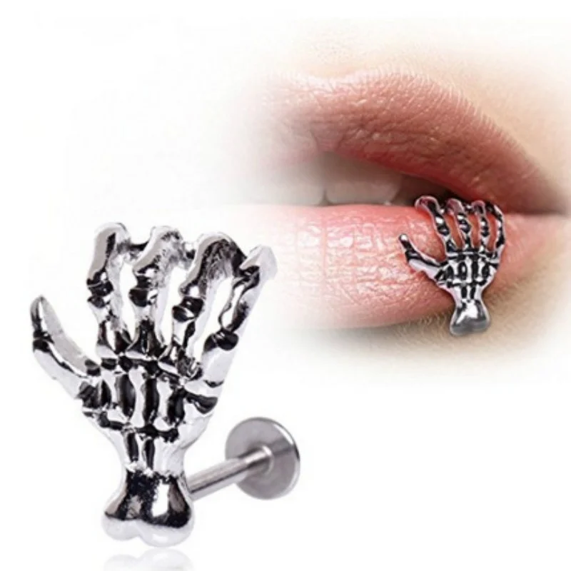 Skull Devil Hand Lip Piercing Jewelry Skeleton Labret For Women Men Palm Stud Earrings Christmas Gift Hot Unique Punk Metal 1pc