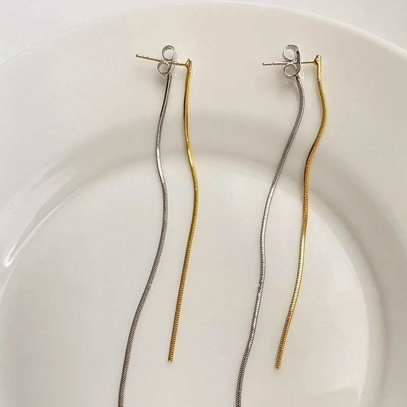 

SRCOI Minimalist 2 Tone Tassel Front Back Earrings Long Double Row Snake Bone Chain Drop Earrings For Women Party Special Gift