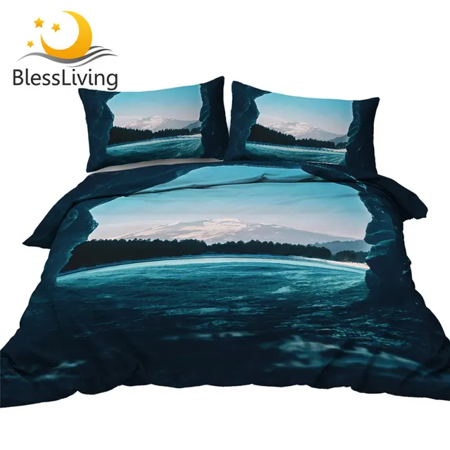 BlessLiving Lake Scenery Bedding Set Cave Duvet Cover 3D Printed Mountain Bedspreads King Landscape Blue Bed Set for Adult 3pcs 1