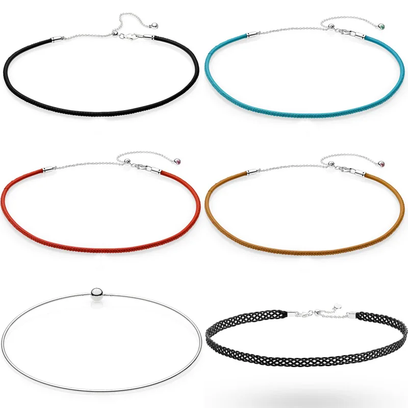 

Woven Fabric Black Leather Choker Ball Clasp ESSENCE COLLECTION Necklace For Women Europe Jewelry 925 Sterling Silver Necklace