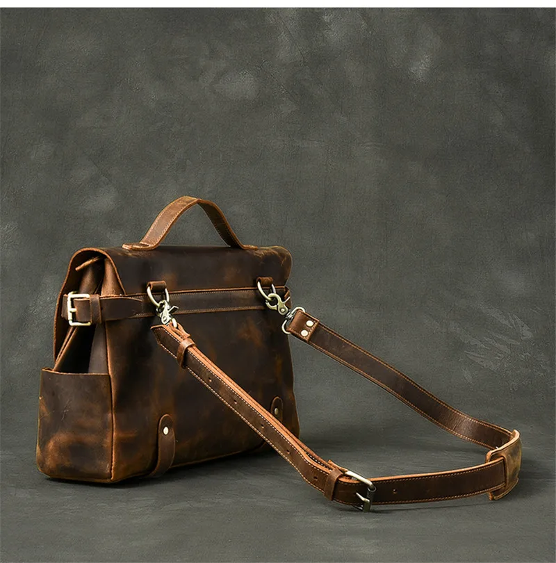 Business vintage natural crazy horse cowhide men's briefcase handmade genuine leather handbag work laptop shoulder messenger bag