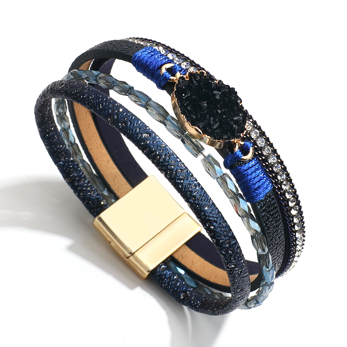 Amorcome Layered Leather Wrap Bracelet Boho Druzy Resin Stone Crystal Bead Charm Bracelets Magnetic Clasp Jewelry Gift for Women |