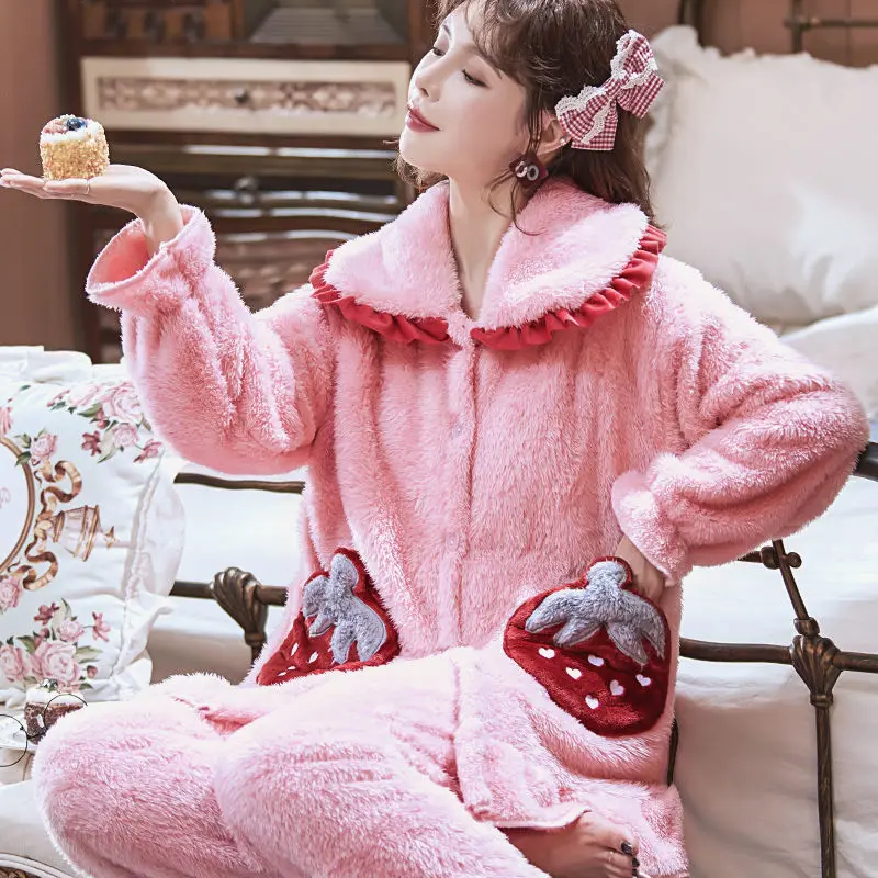 Thickened Pajamas Women Plush Outer Wear Suit Cute Sweet Plus Size Coral Fleece Ladies Home Service Autumn and Winter Robe Sets
