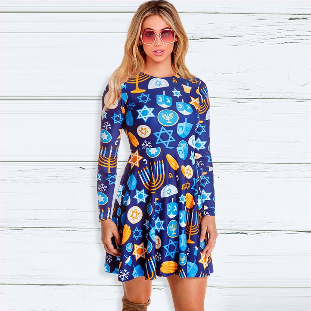 

S-2XL Women's Long Sleeve Round Collar Slim Print Stitching Short Skirt Fashion Spring And Summer New Sexy Long Sleeve Dress