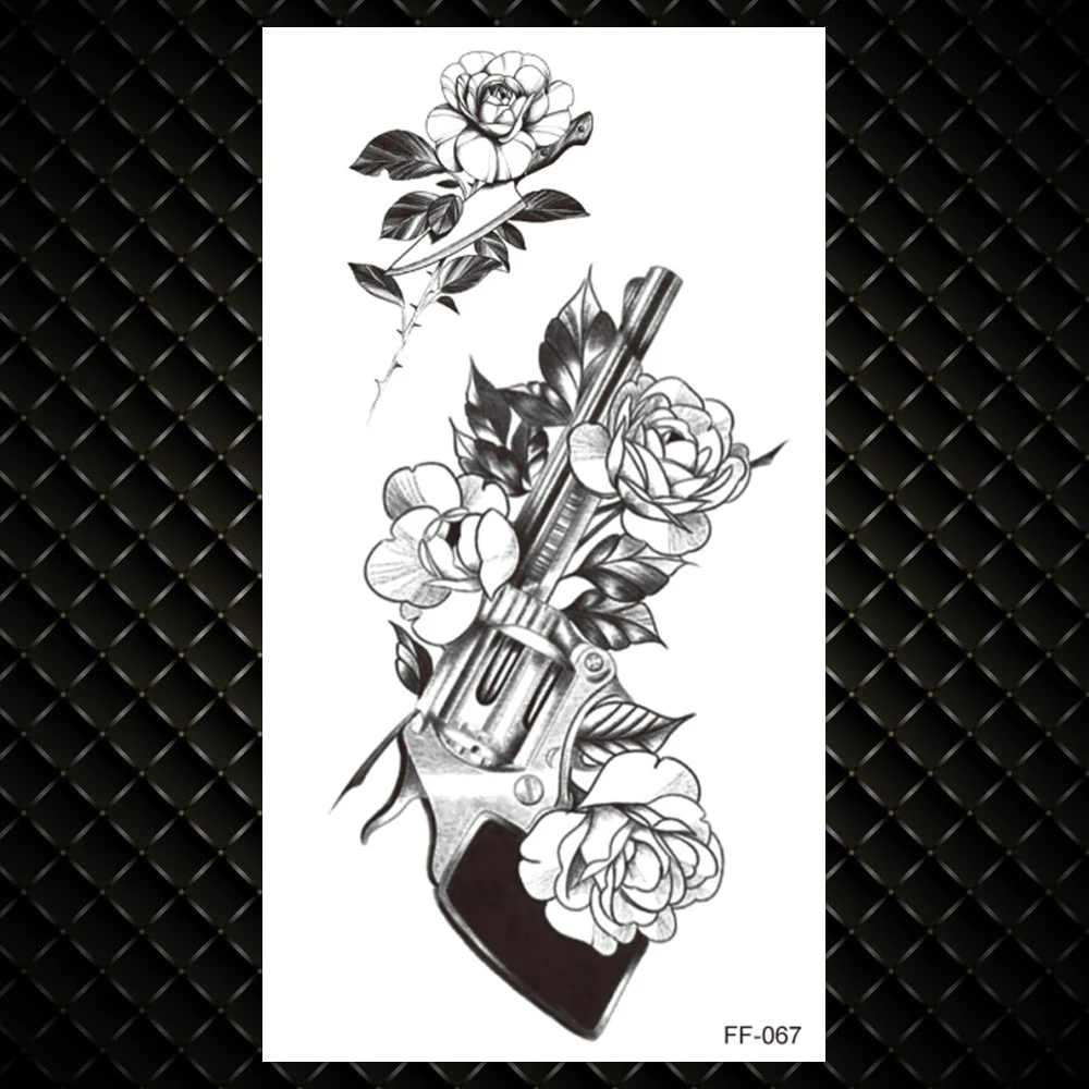 Тату-наклейка женская черная водостойкая с розами камелией и Луной | Красота