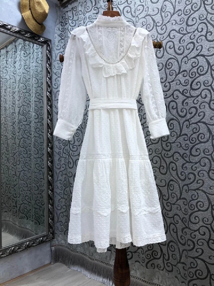 

2021 Summer Fashion White Dress High Quality Women Hollow Out Embroidery Ruffle Deco Full Sleeve Casual Long Shirt Dress Belt