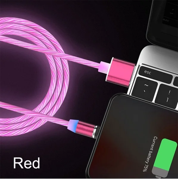 Магнитный USB кабель световой поток светодиодный кабель для iPhone XR X 7 8 Micro type C зарядное устройство Быстрая зарядка магнит Зарядка Тип C - Цвет: Красный