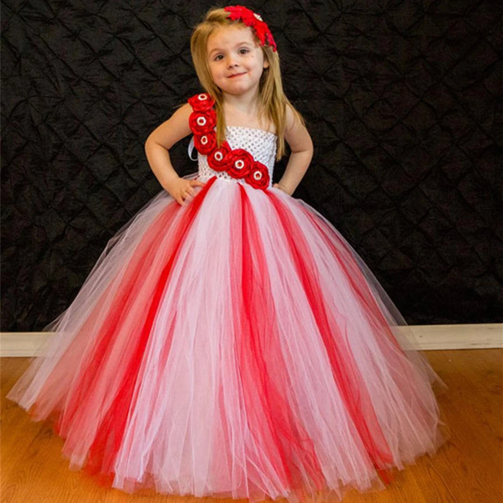 Girls Red White Tutu Dress Kids Crochet Tulle Long Ball Gown with Pearl Roses Children Birthday Party Costume Dresses | Детская одежда