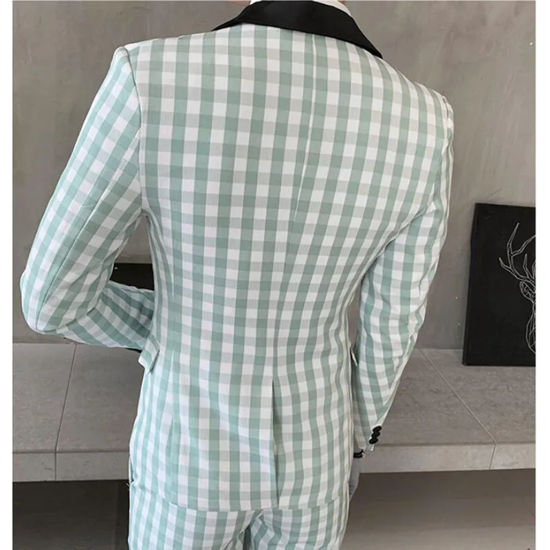 

2021 Men plaid Blazer Pants Vest Business Men's Wedding Suit Jacket Coat Trousers Waistcoat High Quality Slim Dress Set S-2XL