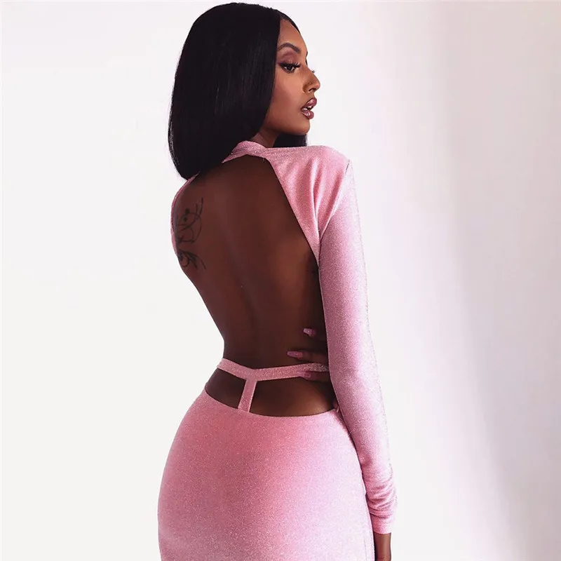 

2020 Spring Sexy Backless Women Maxi Dress Fashion Elegant Long Sleeves Bodycon Sequin Dress