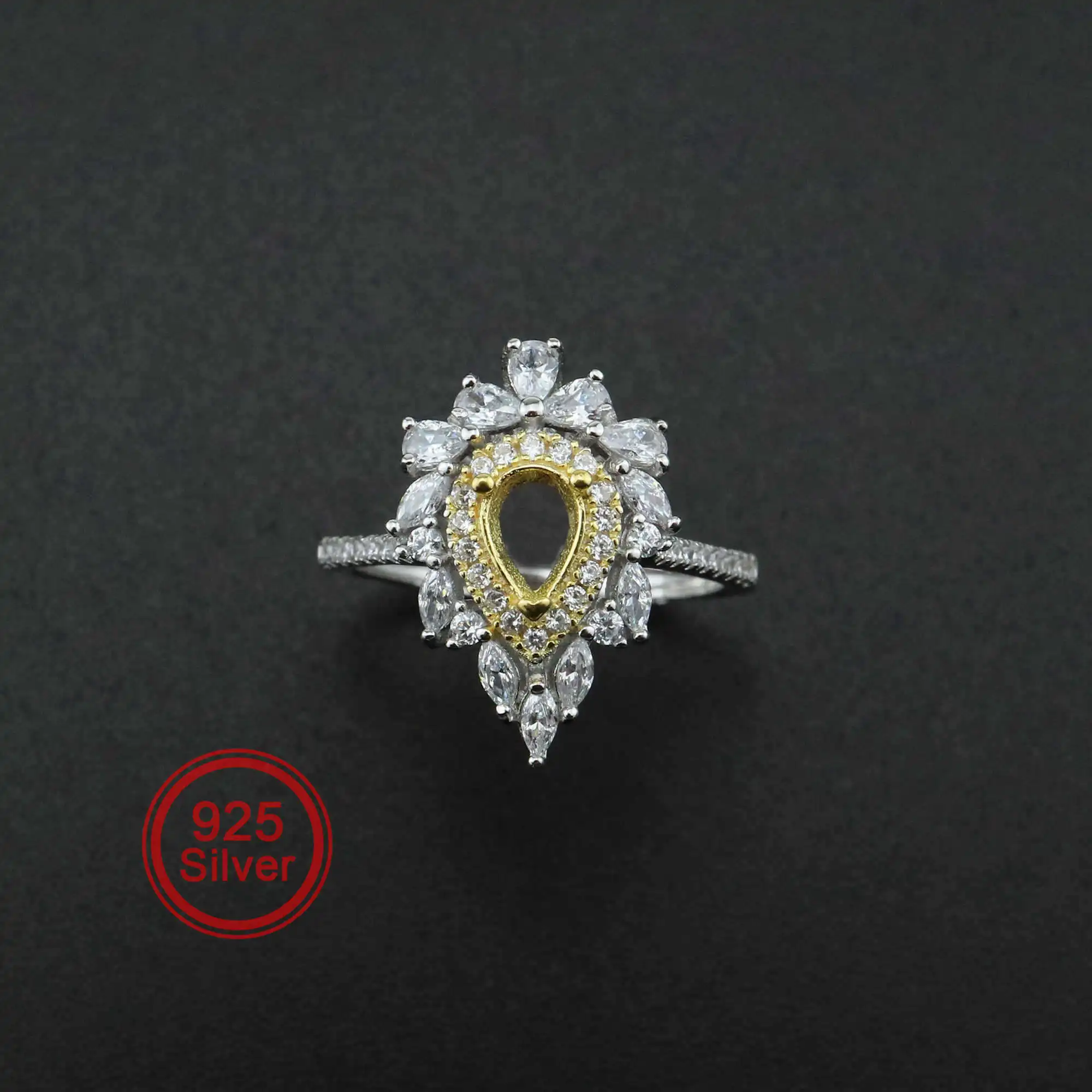 

4x6MM Luxury Pear Shape Prong Bezel Gold Plated Solid 925 Sterling Silver Adjustable Ring Settings for Gemstone DIY 1294172