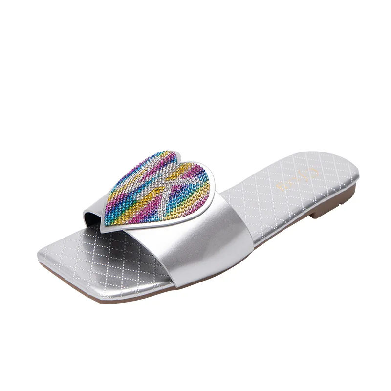 

Fashion Heart-shaped Diamond Women's Sandals Flat Women's Home Slippers Summer Square Women's Beach Shoes Zapatillas Mujer