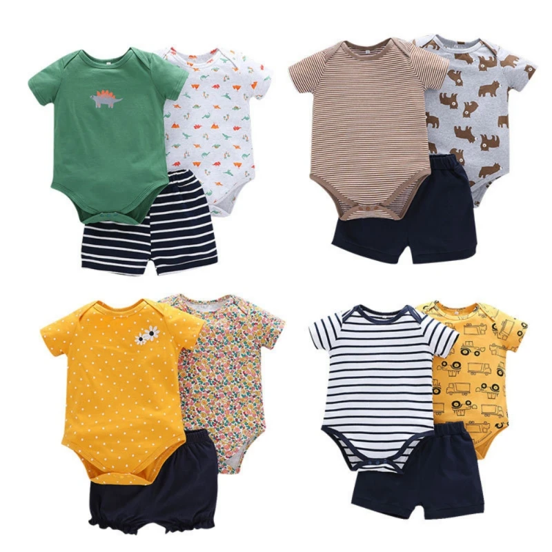 

3Pcs Baby Boys Clothing Set Kids Cartoon Striped Printed 2 Rompers Tops+1 Casual Shorts Set Baby Clothing Outfit 0-24M