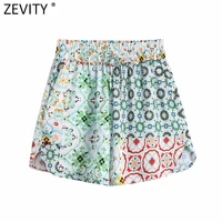 zevity women vintage cloth patchwork floral print bermuda shorts female chic lace up elastic waist summer pantalone cortos p1169