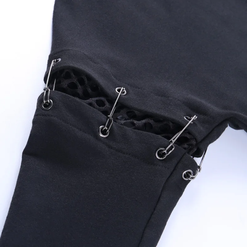 

Fashion Women Streetwear Punk Mesh Partchwork Black Hooded Gothic Pullovers Long Sleeve Buckle Bandage Slim Hoodies Tops
