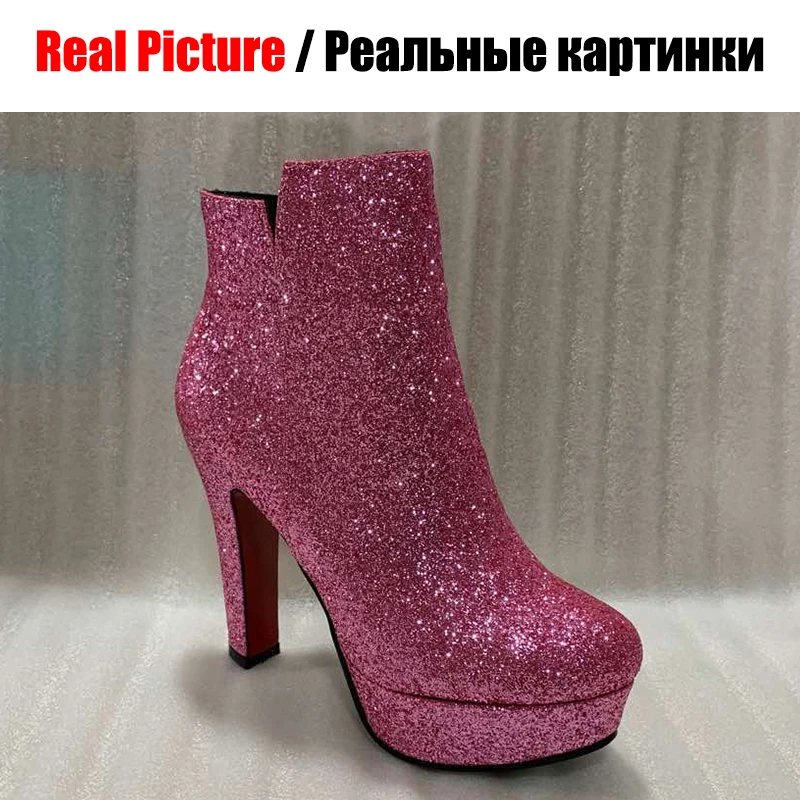 SARAIRIS/женские вечерние и свадебные Ботильоны на каблуке 12 см размера плюс 32-45 женские блестящие ботинки на платформе г. Женская обувь на высоком каблуке