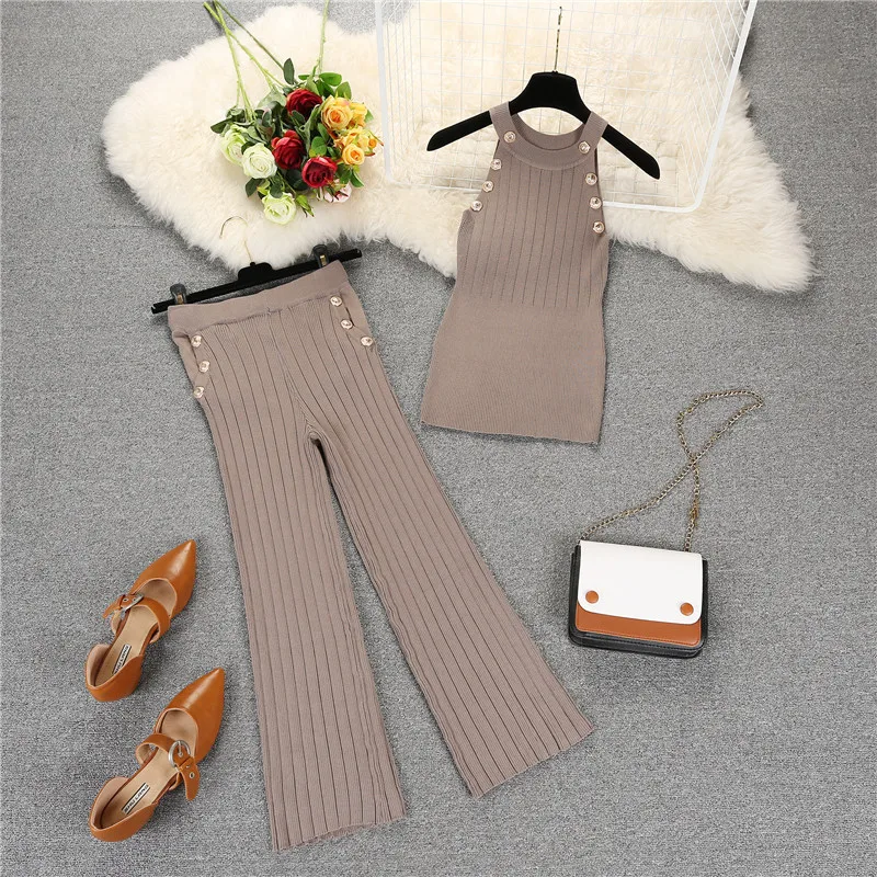 

2PCS Clothing Sets Knit Button Tank Tops Pant Suits Women Knitting Buttons Vest+Mid-calf Pants