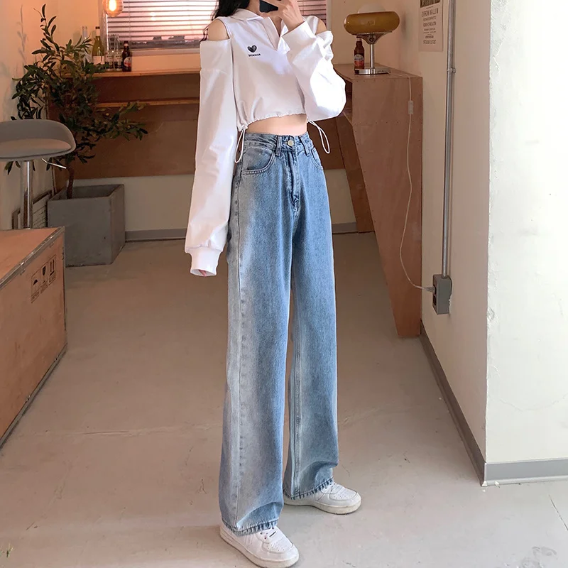 

CMAZ 2021 Woman Jeans High Waist Wide Leg Loose Female Denim Jeans Streetwear Vintage Fashion Straight Pants