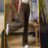 vintage brown slim flared jeans women large size high waist moms jeans trousers 2021 solid denim bell bottom pants female
