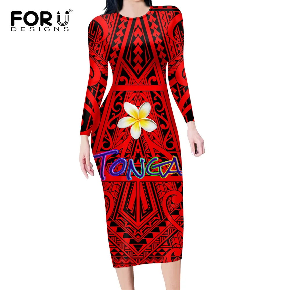 

FORUDESIGNS Stretchy Bodycon Party Dress for Women Poly Tonga With Plumeria Pattern Ladies Long Sleeve Slim Tops Female Dresses