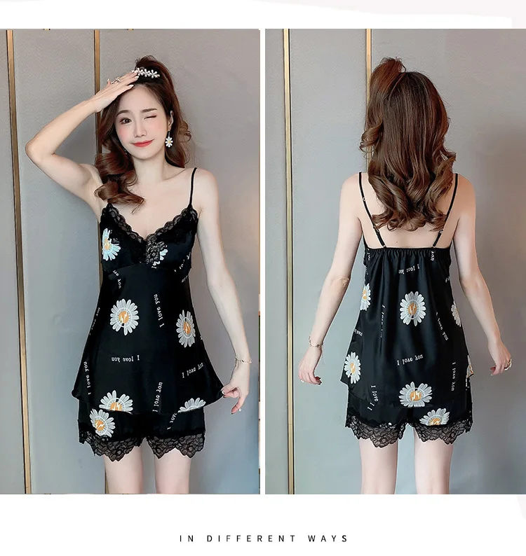 Printed Sling Suit Nightwear with Detachable Breast Pad Summer Women's Pajamas Sets Ice Silk Housewear Sexy Sleepwear Lingerie