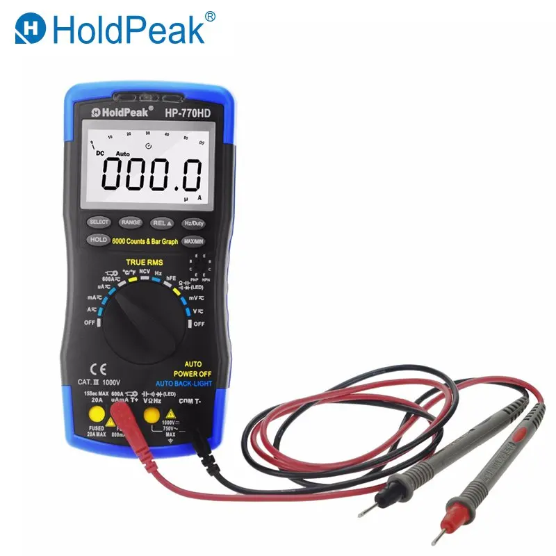 

HoldPeak HP-770HD Autorange Digital Multimeter True RMS AC/DC Voltage Frequency Electrical Tester Autoranging for Battery Tester