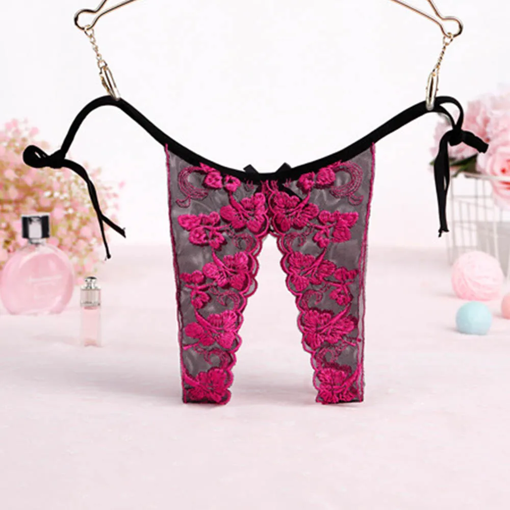 Rose red Sexy Underwear Crotchless Embroidered Panties Exotic Women Lingerie Open Crotch Lace Floral Embroidery Thongs Lacing Briefs - Цвет: Rose red
