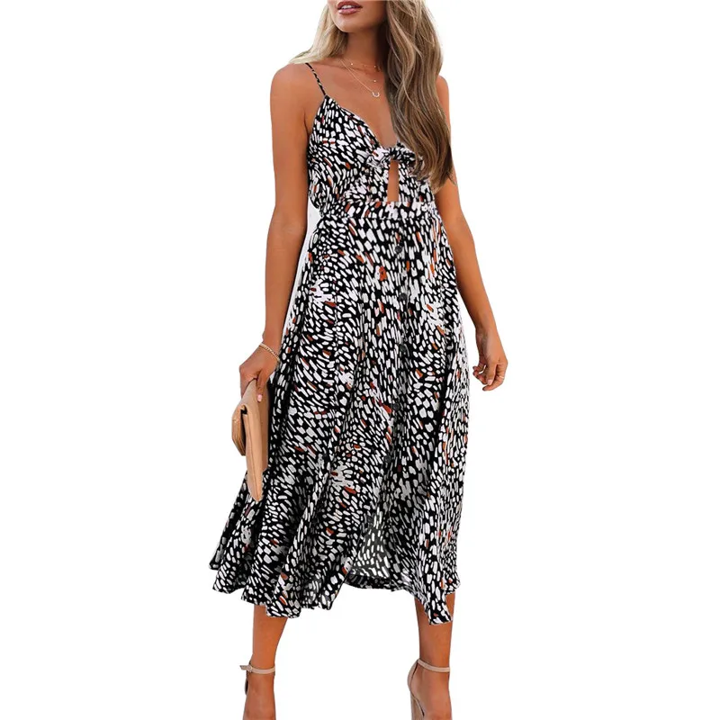 Женское платье на бретелях-спагетти леопардовое Повседневное средней длины с