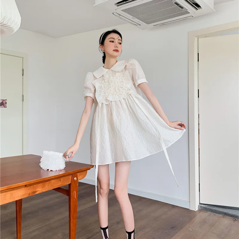 

Elegant Temperament Ruffles Sweet Dress for Women Simple High Waist A Line Solid Femme Robe Feminino All Match Moda Vestidos