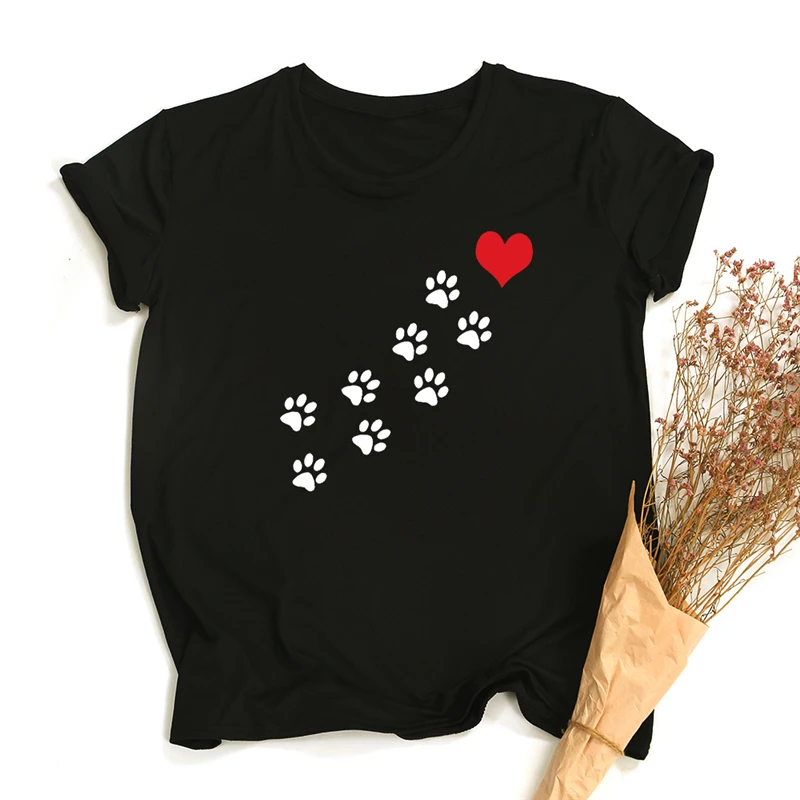 

2021 Women Tshirt Dog Paw Love Printing Cute Cartoon Summer Lady Tee shirt Short sleeve Stylish Clothes Black T-Shirt femme